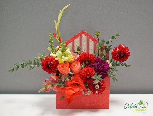 Envelope with roses, gladioli, carnations, and eucalyptus photo